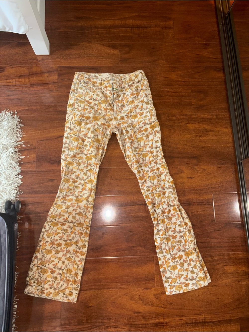 Anthropologie Floral Corduroy Boot-Cut Pants in Cream and Mustard